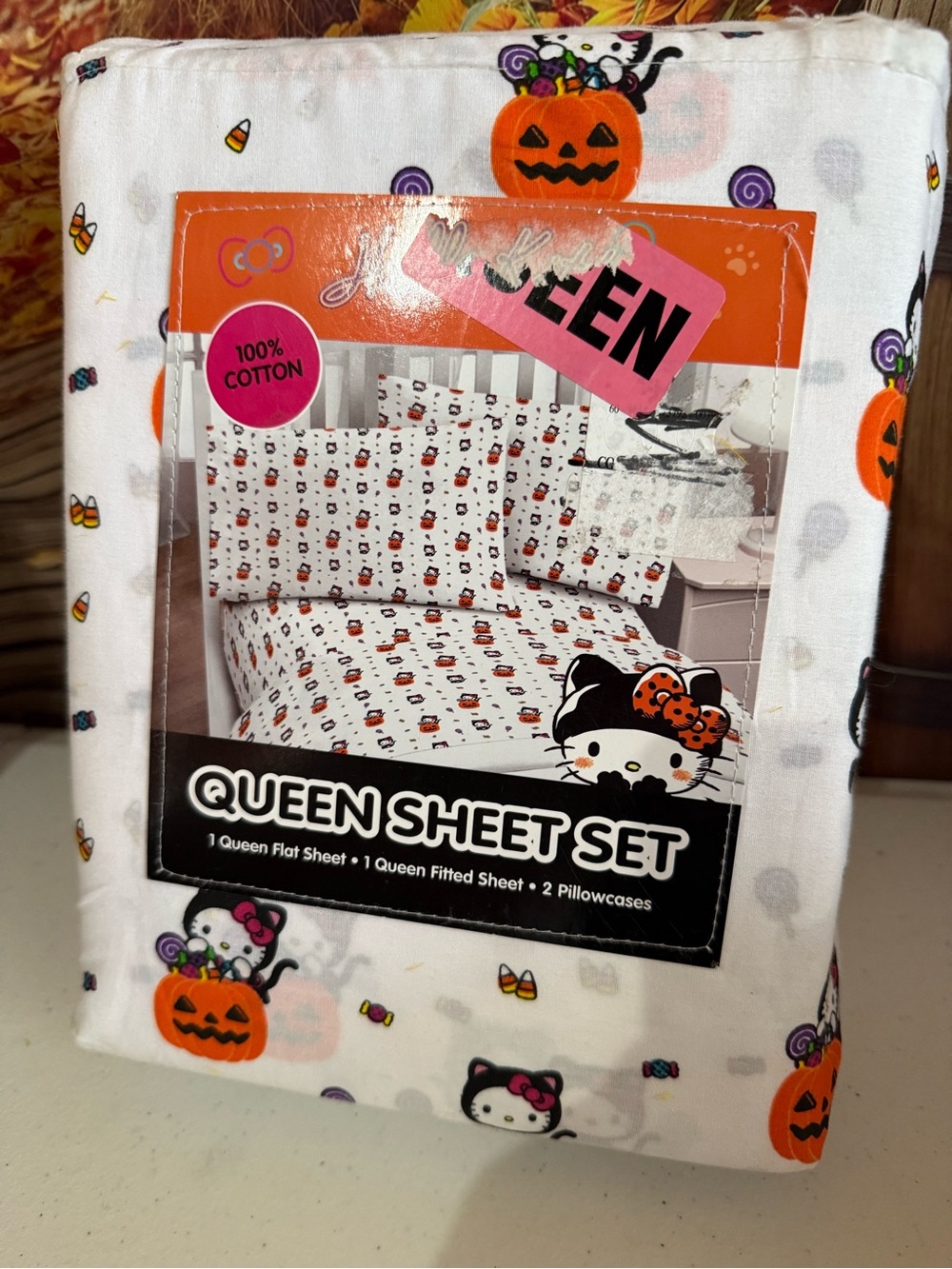 Hello Kitty Halloween Queen Sheet Set - White, Orange, Black